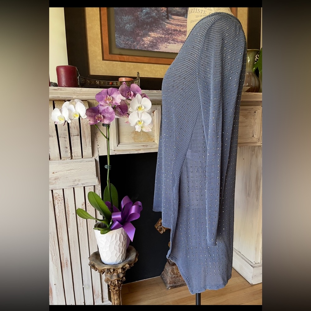 VOCAL Semi-Sheer High/Low Faceted Silvery Adornments on Denim Color Fabric Top S - Picture 5 of 7